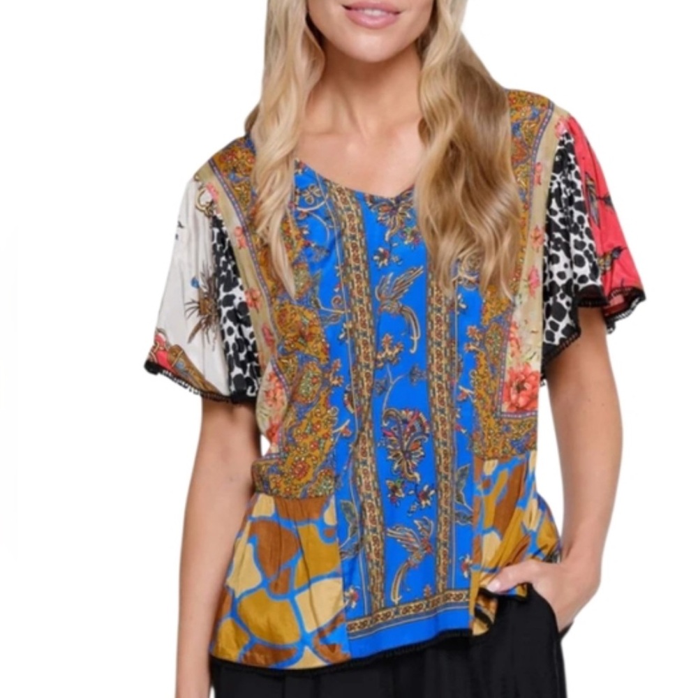 John Mark Vibrant Multicolor Boho Patch Print Blo… - image 1